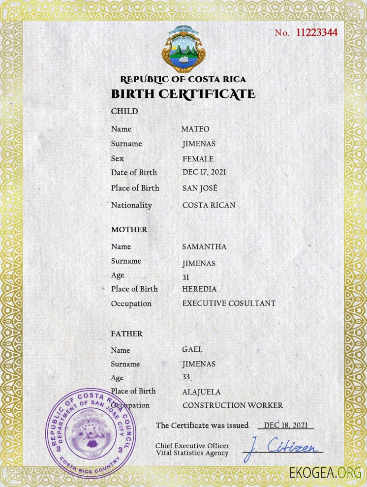 Modèle PSD d'acte de naissance au Costa Rica